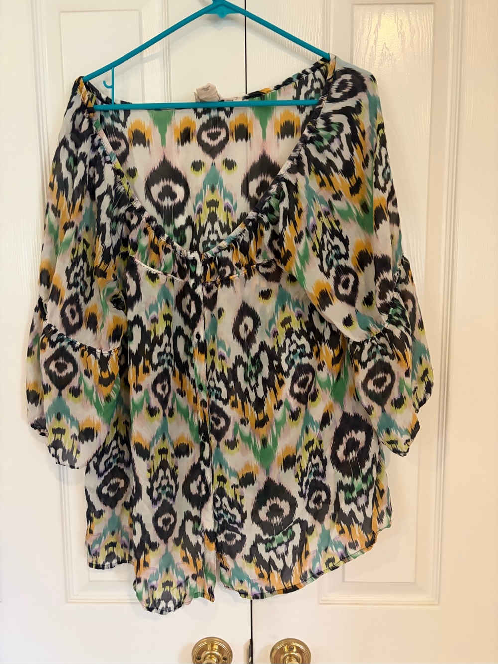 Anthropologie Multicolor Ikat Blouse - Green, Yellow, Black